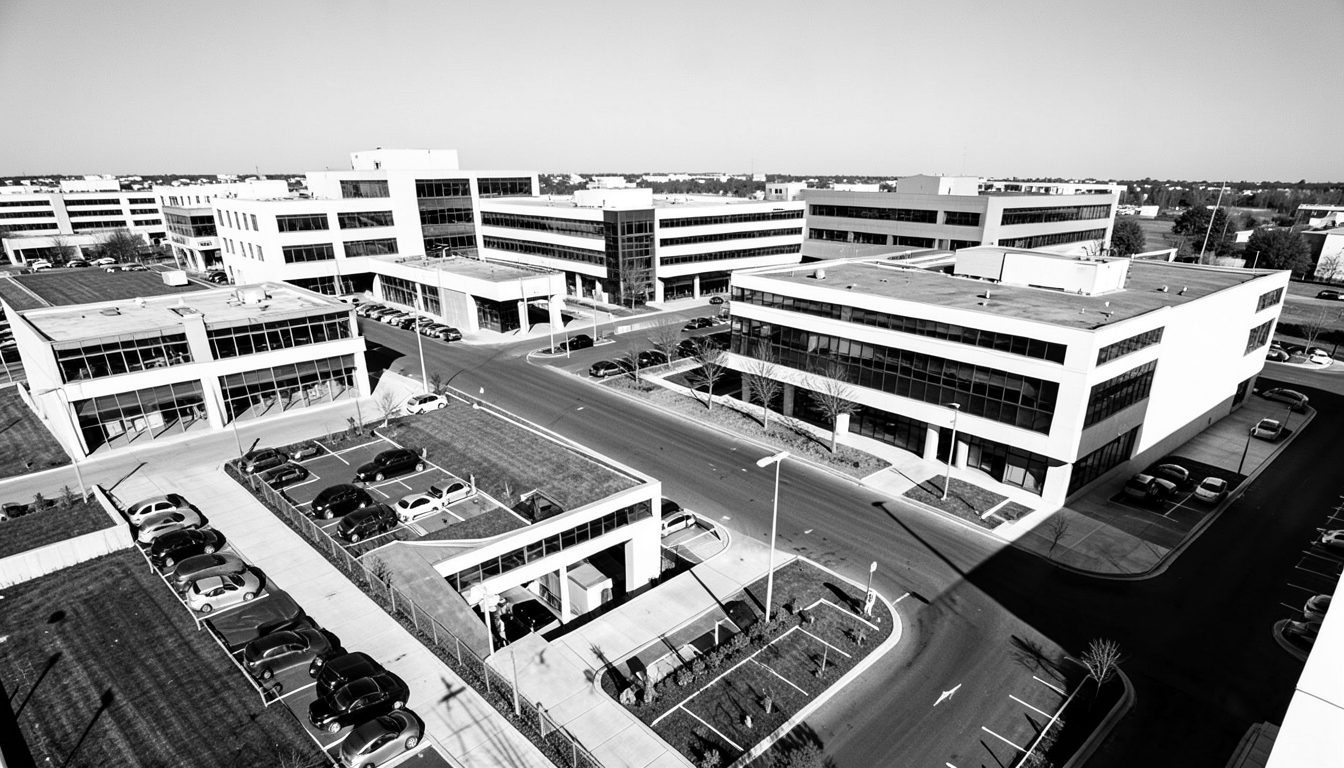 Infotraq Facilities: an aerial view of an office campus with parking and access roads, in black and white