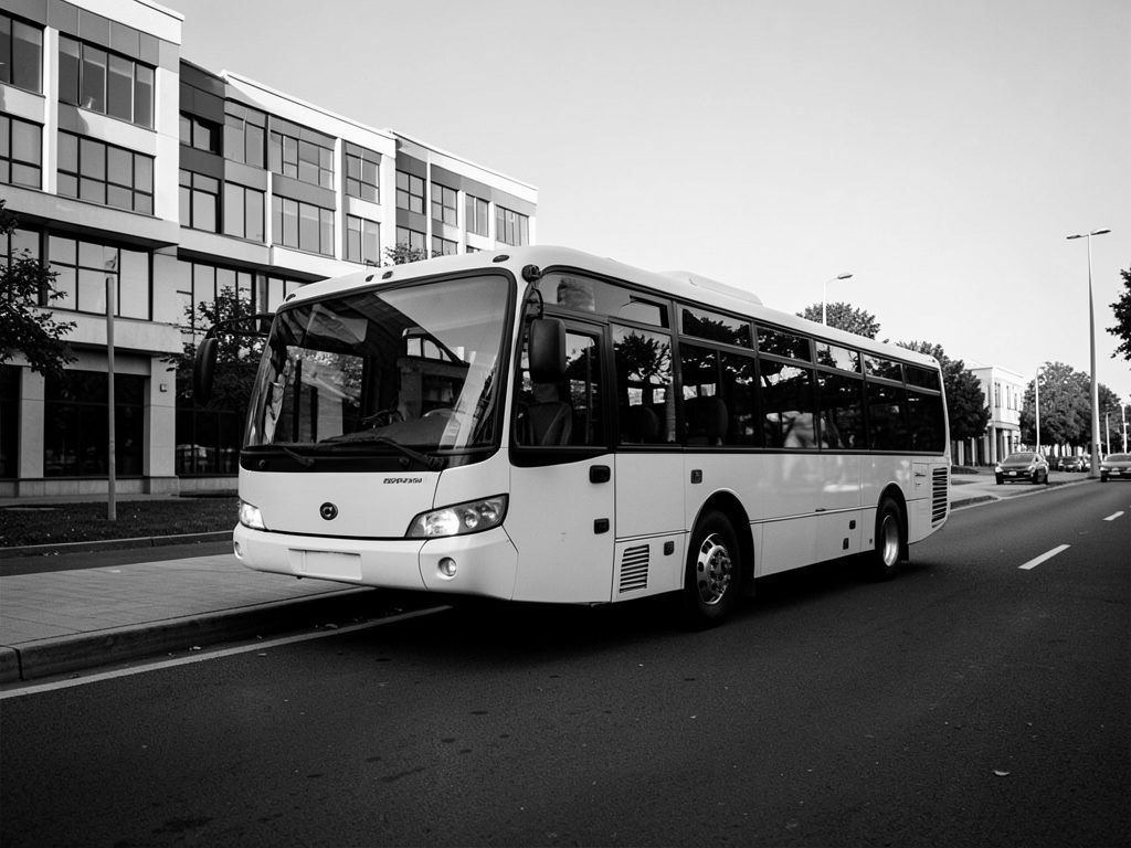 Infotraq Services: a staff transport bus on a city street, in black and white